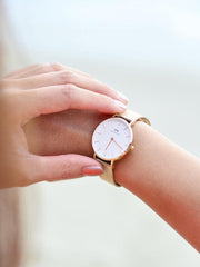 Daniel Wellington Classic Petite Melrose White Dial Rose Gold Mesh Bracelet Watch For Women - DW00100163