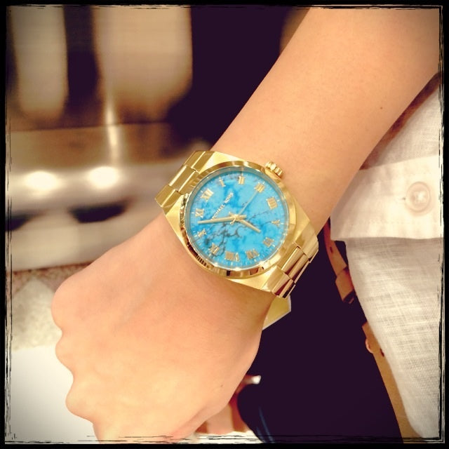 Michael Kors Channing Turquoise Dial Gold Steel Strap Watch For Women