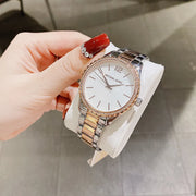 Michael Kors Layton Three Hand Mother of Pearl White Dial Two Tone Steel Strap Watch For Women - MK6849