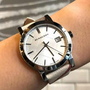 Burberry The City Nova Silver Dial White Leather Strap Watch for Women - BU9022