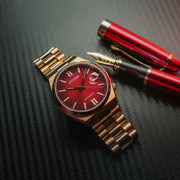 Citizen Tsuyosa Automatic Red Dial Gold Steel Strap Watch For Men - NJ0153-82X