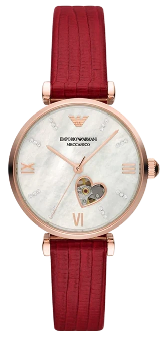 Emporio Armani Meccanico Gianni T-Bar Mother of Pearl White Dial Red Leather Strap Watch For Women - AR60048