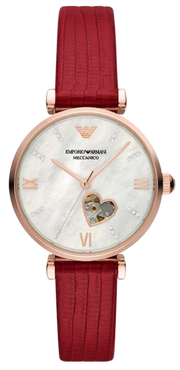 Emporio Armani Meccanico Gianni T-Bar Mother of Pearl White Dial Red Leather Strap Watch For Women - AR60048