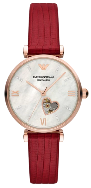Emporio Armani Meccanico Gianni T-Bar Mother of Pearl White Dial Red Leather Strap Watch For Women - AR60048