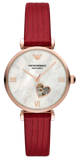Emporio Armani Meccanico Gianni T-Bar Mother of Pearl White Dial Red Leather Strap Watch For Women - AR60048