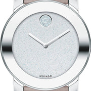 Movado Bold Glitter Silver Dial Pink Leather Strap Watch For Women - 3600522