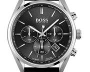 Hugo Boss Champion Chronograph Black Dial Black Leather Strap Watch for Men - 1513816