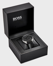 Hugo Boss Velocity Chronograph Black Dial Black Leather Strap Watch for Men - 1513716