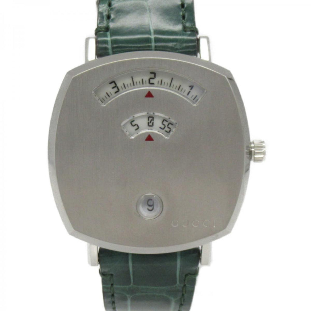 Gucci Grip Quartz Silver Dial Green Leather Strap Watch For Women