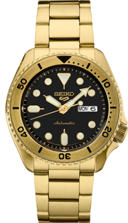 Seiko 5 Sports Automatic Black Dial Gold Steel Strap Watch For Men - SRPK18