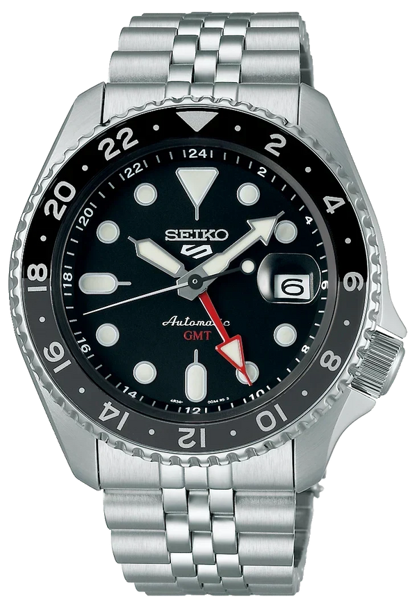 Seiko 5 Sports Automatic GMT Black Dial Silver Steel Strap Watch For Men - SSK001K1