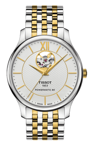 Tissot Tradition Powermatic 80 Open Heart Silver Dial Two Tone Steel Strap Watch For Men - T063.907.22.038.00