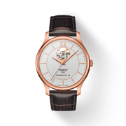 Tissot Tradition Powermatic 80 Open Heart Silver Dial Brown Leather Strap Watch For Men - T063.907.36.038.00
