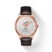 Tissot Tradition Powermatic 80 Open Heart Silver Dial Brown Leather Strap Watch For Men - T063.907.36.038.00