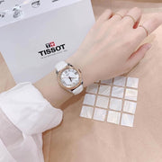 Tissot T-Classic Powermatic 80 Mother of Pearl Silver Dial White Leather Strap Watch For Women - T108.208.26.117.00