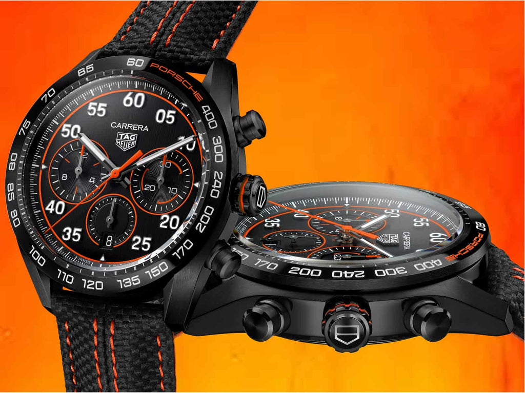 Tag Heuer Carrera Chronograph Porsche Orange Racing 44mm Black Dial Black Nylon Strap Watch for Men - CBN2A1M.FC6526
