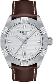 Tissot PR 100 Sport Silver Dial Brown Leather Strap Watch For Men - T101.610.16.031.00