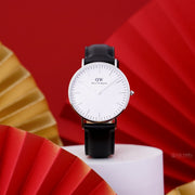 Daniel Wellington Classic Sheffield White Dial Black Leather Strap Watch For Women - DW00100053