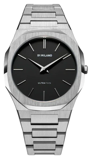 D1 Milano Ultra Thin Matte Black Dial Silver Steel Strap Watch for Men - D1-UTBJ40