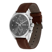 Hugo Boss Skymaster Chronograph Grey Dial Brown Leather Strap Watch for Men - 1513787