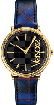 Versace V-Circle Black Dial Blue Leather Strap Watch for Women - VE8100218