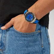 Versace Chain Reaction Blue Dial Two Tone Leather Strap Watch for Men - VEDY00119