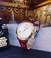 Versace Audrey Quartz Silver Dial Red Leather Strap Watch for Women - VELR00219
