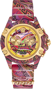 Versace Icon Active Chronograph Quartz Gold Dial Red Leather Strap Watch For Men - VEZ701222