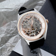 Emporio Armani Zeta Automatic Skeleton Silver Dial Black Leather Strap Watch For Men - AR60018