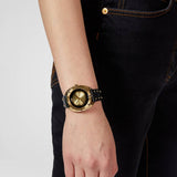 Versace Shadov Quartz Gold Dial Black Leather Strap Watch for Women - VEBM00318