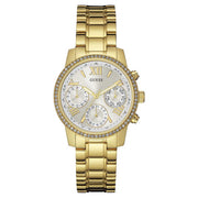 Guess Mini Sunrise Diamonds Silver Dial Gold Steel Strap Watch for Women - W0623L3
