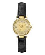 Guess Park Avenue Quartz Gold Dial Black Leather Strap Watch For Women - W0838L1