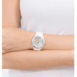 Guess Wanderlust Crystals Silver Dial White Rubber Strap Watch for Women - W1059L1