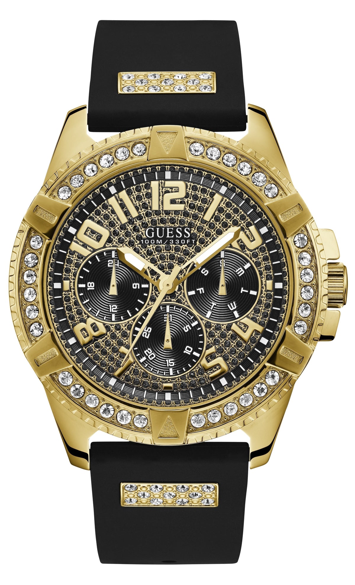 Guess Frontier Crystals Black Dial Black Silicone Strap Watch For Men - W1132G1