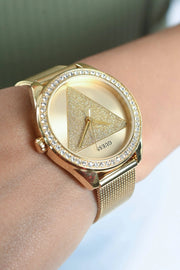 Guess Tri Glitz Quartz Diamonds Gold Dial Gold Mesh Bracelet Watch For Women - W1142L2