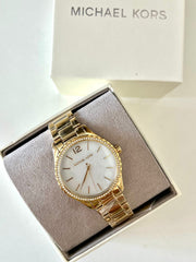 Michael Kors Layton Three Hand Mother of Pearl White Dial Gold Steel Strap Watch For Women - MK6870
