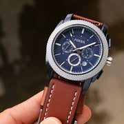 Fossil Machine Chronograph Blue Dial Brown Leather Strap Watch for Men - FS5232