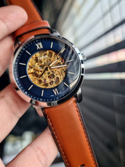 Fossil Neutra Automatic Luggage Skeleton Blue Dial Brown Leather Strap Watch for Men - ME3160