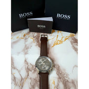 Hugo Boss Grand Prix Chronograph Grey Dial Brown Leather Strap Watch for Men -  1513476