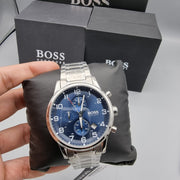 Hugo Boss Aeroliner Chronograph Blue Dial Silver Steel Strap Watch for Men - 1513183