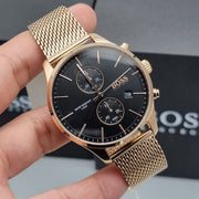 Hugo Boss Associate Chronograph Black Dial Rose Gold Mesh Bracelet Watch for Men - 1513806
