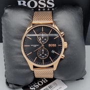 Hugo Boss Associate Chronograph Black Dial Rose Gold Mesh Bracelet Watch for Men - 1513806