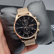 Hugo Boss Associate Chronograph Black Dial Rose Gold Mesh Bracelet Watch for Men - 1513806