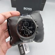 Hugo Boss Skymaster Chronograph Black Dial Black Steel Strap Watch for Men - 1513785