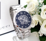 Gucci G Timeless Diamonds Black Dial Silver Steel Strap Watch For Women - YA1264125