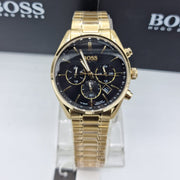 Hugo Boss Champion Chronograph Black Dial Gold Steel Strap Watch for Men - 1513848