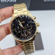 Hugo Boss Champion Chronograph Black Dial Gold Steel Strap Watch for Men - 1513848