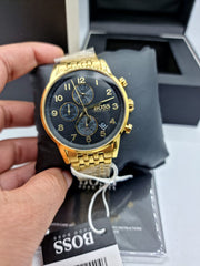 Hugo Boss Navigator Chronograph Black Dial Gold Steel Strap Watch for Men - 1513531