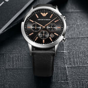 Emporio Armani Giovanni Chronograph Black Dial Black Leather Strap Watch For Men - AR11431