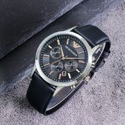 Emporio Armani Giovanni Chronograph Black Dial Black Leather Strap Watch For Men - AR11431
